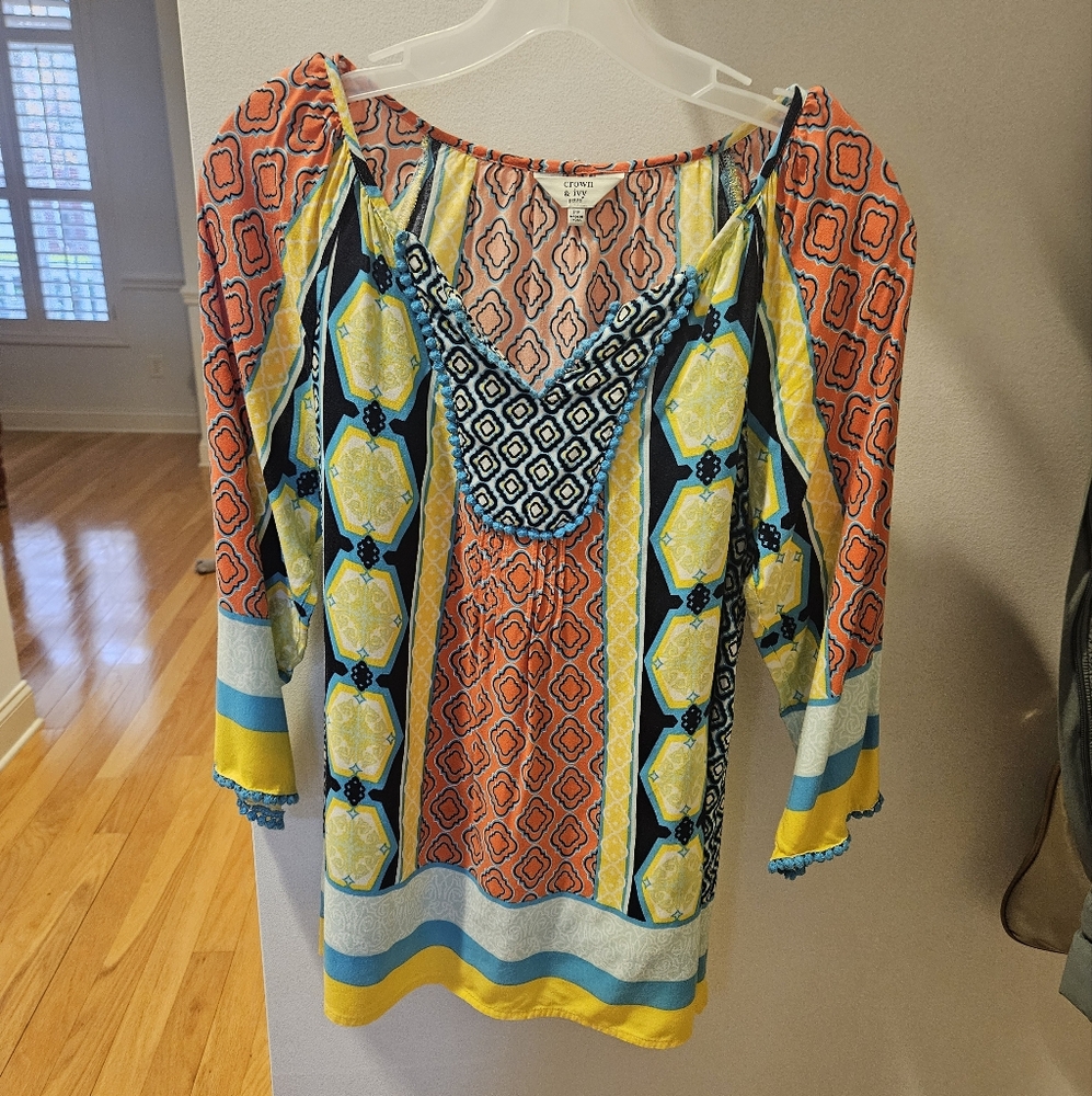 Crown & Ivy PP PXS Multicolor Women's Tunic Top Blue Orange Tropical